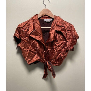 Vintage Younique Womens Top Large Brown Satin Tie Front Cropped Grunge 90s Y2K
